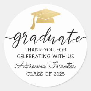 Modern Script Gold Graduate Hat Thank You Classic Round Sticker