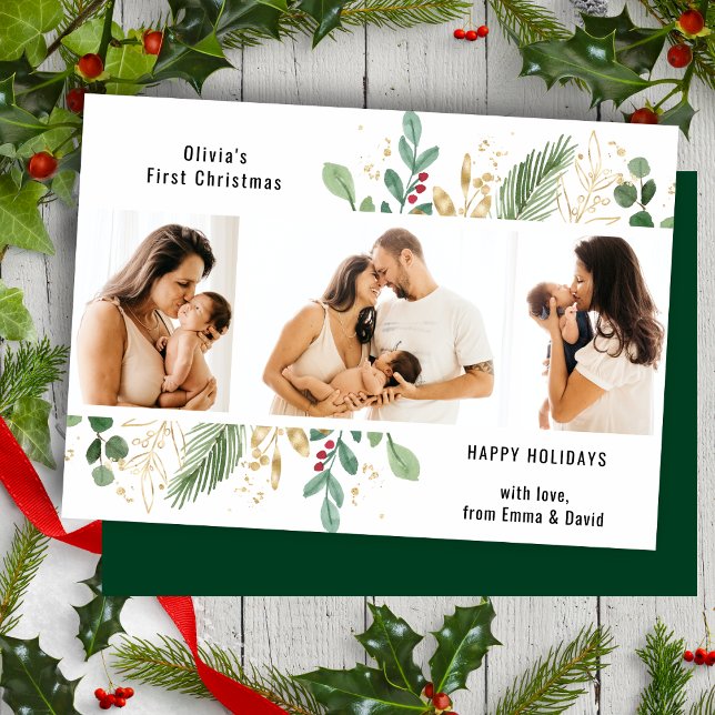Modern Script Gold Greenery Baby First Christmas Holiday Card (Creator Uploaded)