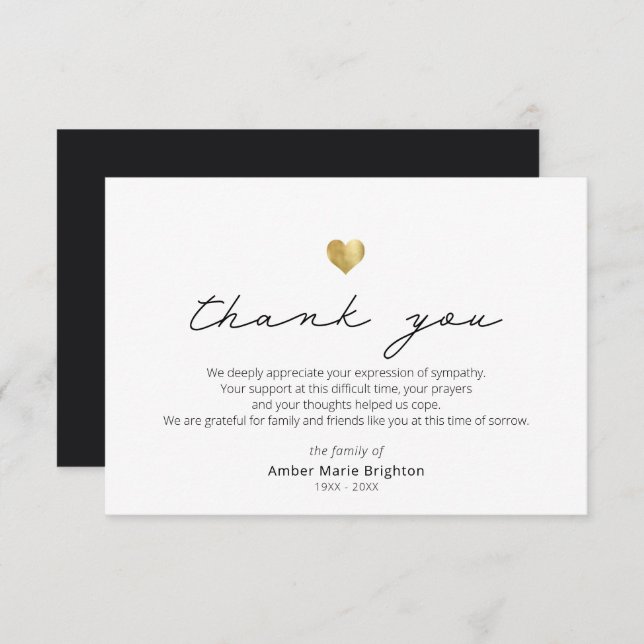 Modern Script Gold Heart Sympathy Thank You Card (Front/Back)