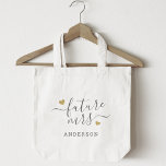 Modern Script Gold Hearts Future Mrs. Tote Bag<br><div class="desc">Custom-designed bridal shower engagement gift tote bag featuring "future Mrs" and your personalized family name in modern stylish calligraphy with gold hearts design.</div>