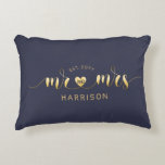 Modern Script Gold Mr and Mrs Newlyweds Gift Decorative Cushion<br><div class="desc">This modern calligraphy Mr Mrs throw pillow personalised with the couple's last name, and wedding year! Golden text looks bright and festive against dark navy background. You can change the background colour to any other colour, but it's better to choose a dark one so that the text is clearly visible....</div>
