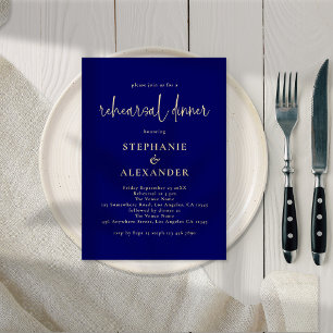 Modern Script Gold Navy Blue Rehearsal Dinner Invitation