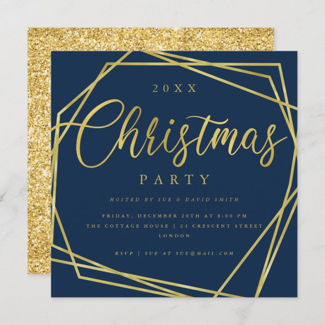 MODERN Script Gold Navy Foil Frame Christmas Party Invitation (Front/Back)