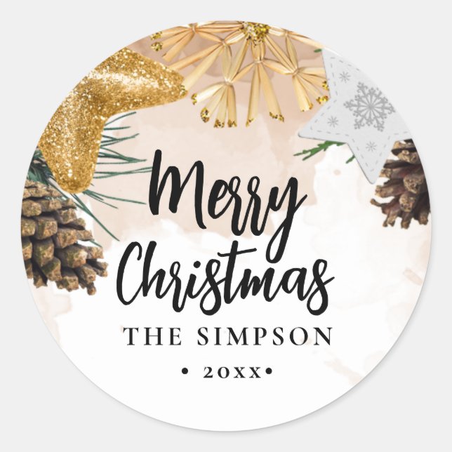 Modern Script Gold Ornament Merry Christmas Classic Round Sticker (Front)