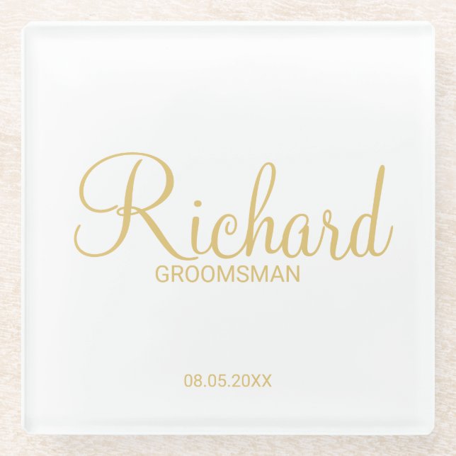 Modern Script Gold Personalised Groomsman Glass Coaster (Front)