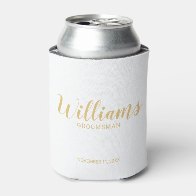 Modern Script Gold Personalised Groomsmen Can Cooler (Can Front)