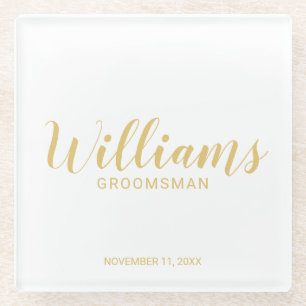 Modern Script Gold Personalised Groomsmen Glass Coaster