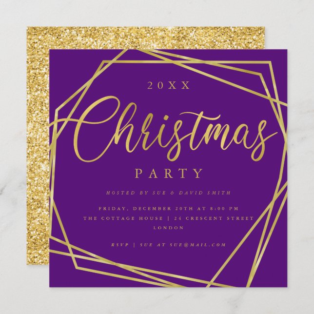 MODERN Script Gold Purple Frame Christmas Party Invitation (Front/Back)