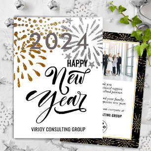 Modern Script Gold Silver Fireworks Business Photo Holiday Card