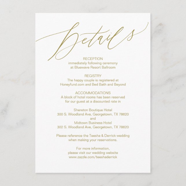 Modern Script, Gold, Wedding Details Card (Front)
