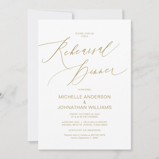 Modern Script, Gold, Wedding Rehearsal Dinner Invitation (Front)
