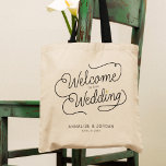 Modern Script Gold Welcome to our Wedding Favour Tote Bag<br><div class="desc">This modern tote bag with a minimalist casual chic script calligraphy design reading WELCOME TO OUR WEDDING as well as your custom names and date of nuptials features clean lines to create a sleek and sophisticated appearance. The understated style with the little printed gold heart detail adds a touch of...</div>