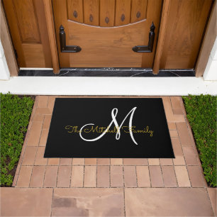 Modern Script Gold White Monogram Family Name  Doormat