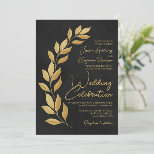 Modern Script Golden Leaves on Black Wedding Invitation