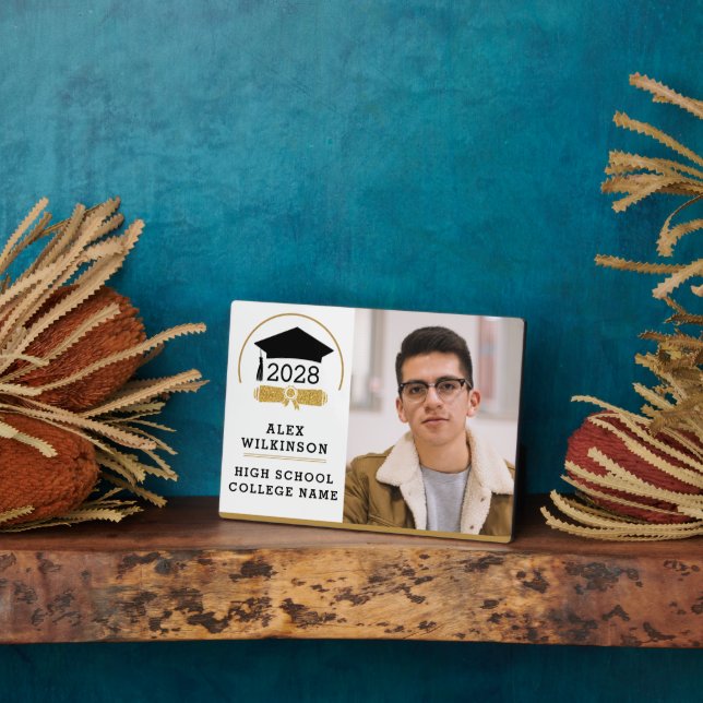 Modern Script Grad Cap Simple Graduation Photo Plaque (Side)