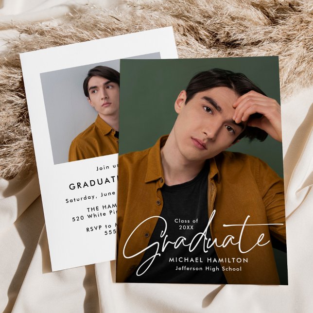 Modern Script Graduate 2 Photo Graduation Party Invitation (Creator Uploaded)