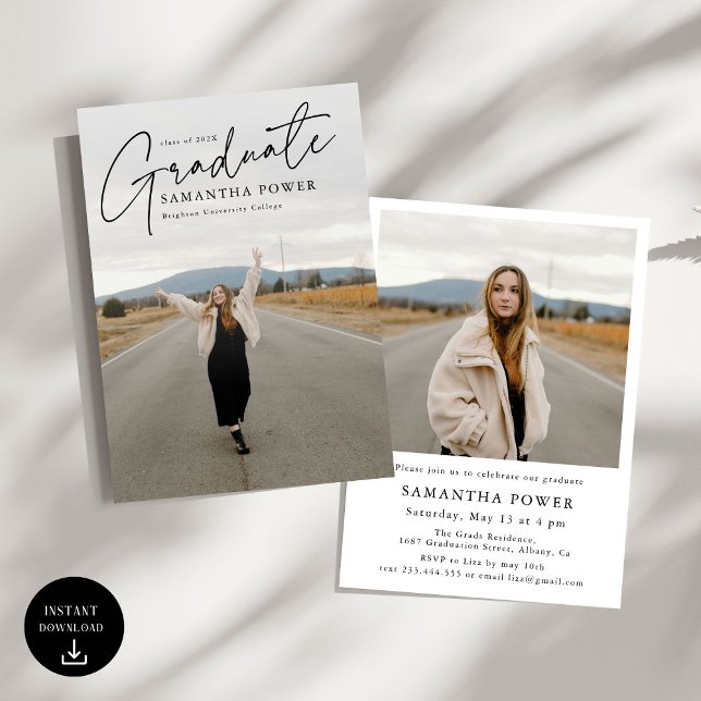 Modern Script  Graduate 2 Photos Graduation Invitation (Creator Uploaded)