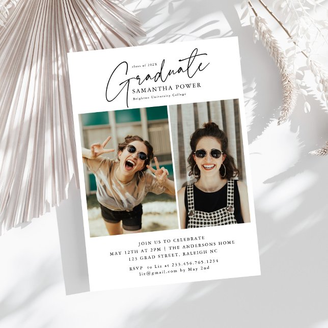 Modern Script  Graduate 2 Photos Graduation Party Invitation (Creator Uploaded)