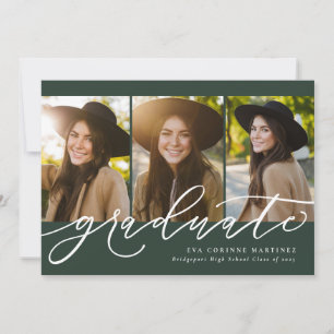 Modern script graduate 3 photo green graduation announcement