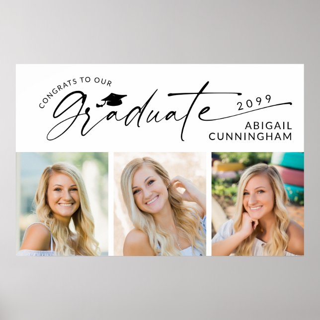 Modern Script Graduate 3 Photos Graduation Party Poster (Front)