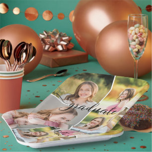 Modern Script GRADUATE 4 Photo Collage Paper Plate