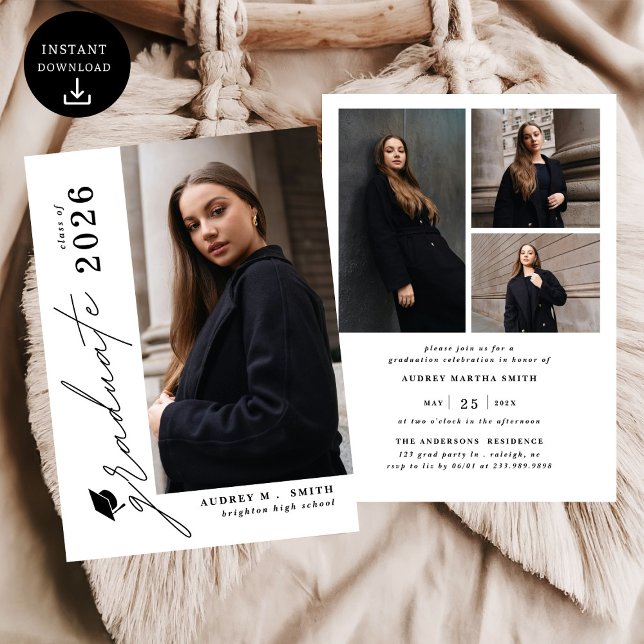 Modern Script Graduate 4 Photo Graduation Invitation (Creator Uploaded)