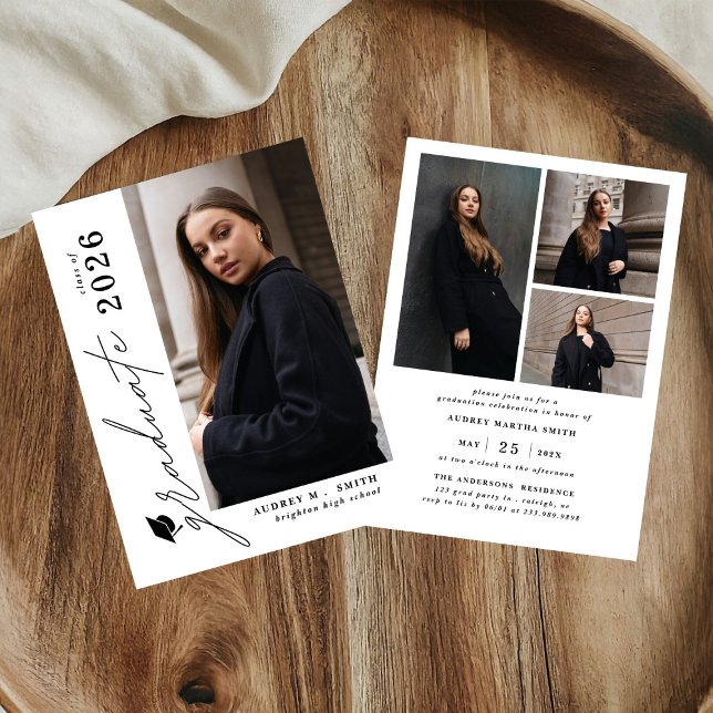 Modern Script Graduate 4 Photo Graduation Invitation (Creator Uploaded)