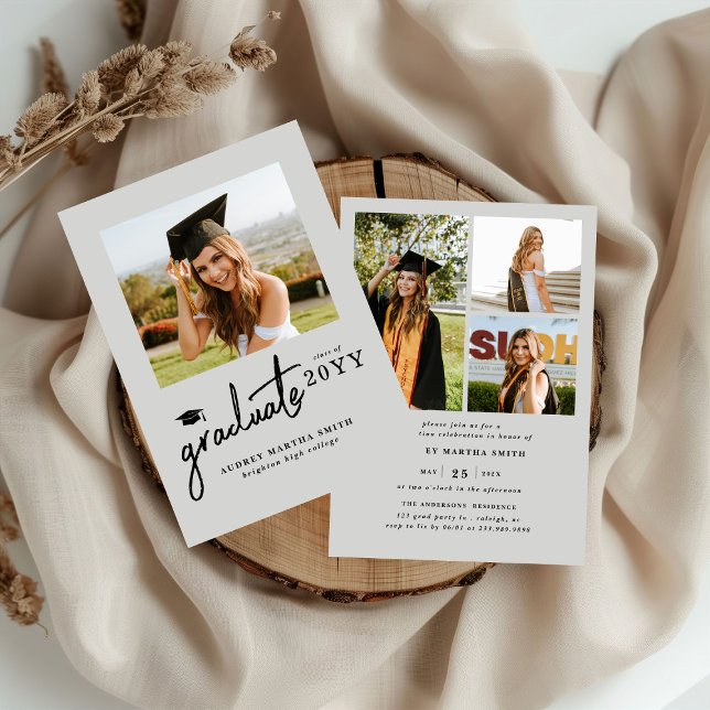 Modern Script Graduate 4 Photo Grey Graduation Invitation (Creator Uploaded)