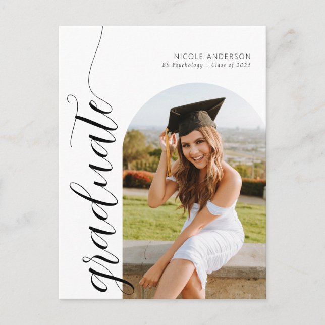 Modern Script Graduate Arch 2 Photo Announcement Postcard (Front)