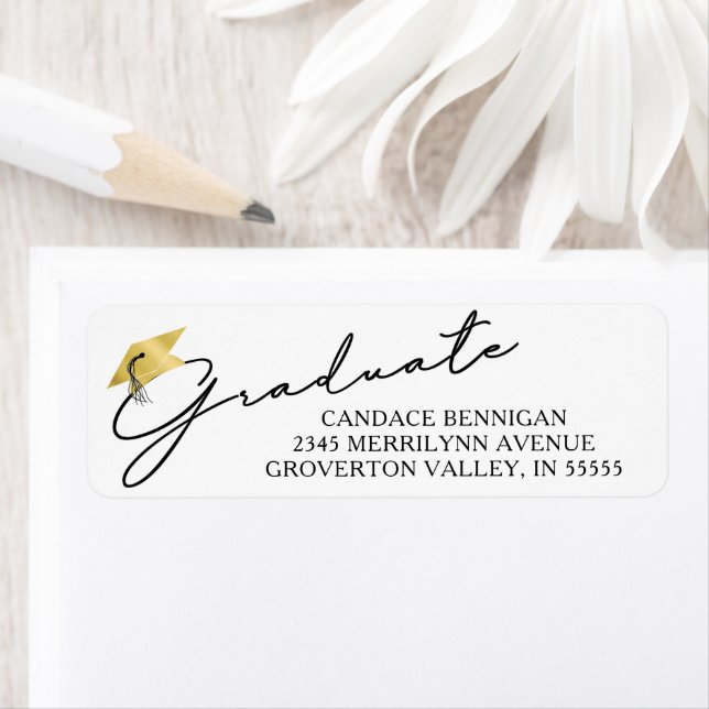 Modern Script Graduate Black Gold Cap Label (Insitu)