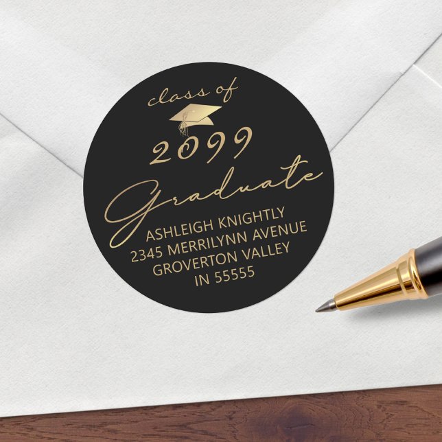 Modern Script Graduate Black Gold Classic Round Sticker (Creator Uploaded)