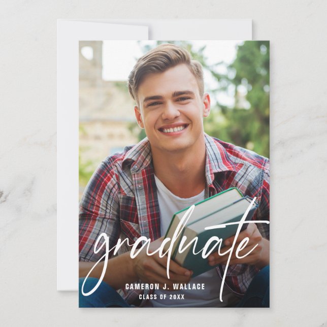 Modern Script Graduate Custom Photos Graduation Announcement (Front)