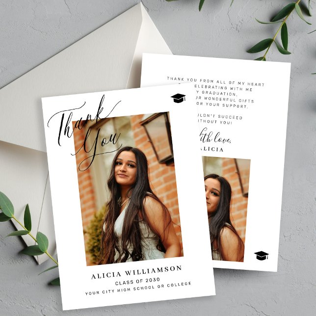 Modern script graduate elegant photo graduation thank you card (Creator Uploaded)