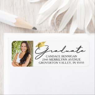 Modern Script Graduate Photo Black Gold Cap Label