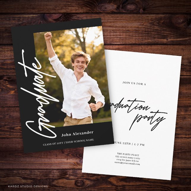 Modern Script Graduate Photo Black Graduation Invitation (The front and back of the invitation are shown at 5x7-inch size. Choose size, paper, + corner style.)