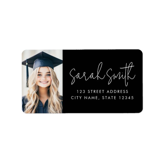 Modern script graduate photo black return address label (Front)