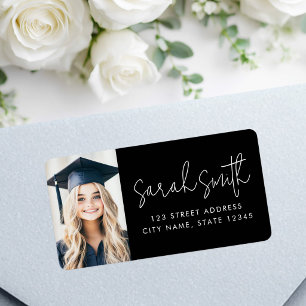 Modern script graduate photo black return address label
