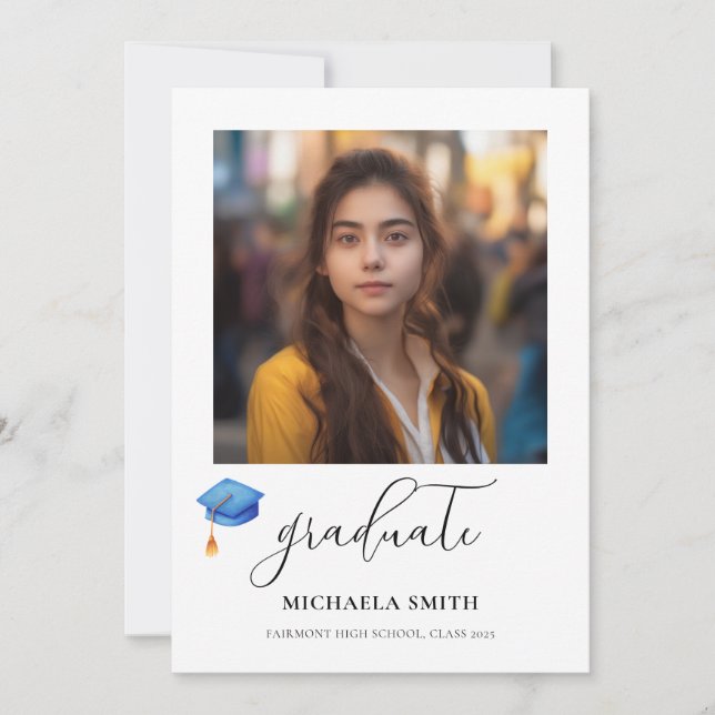 Modern Script Graduate Photo Blue Graduation Cap Announcement (Front)