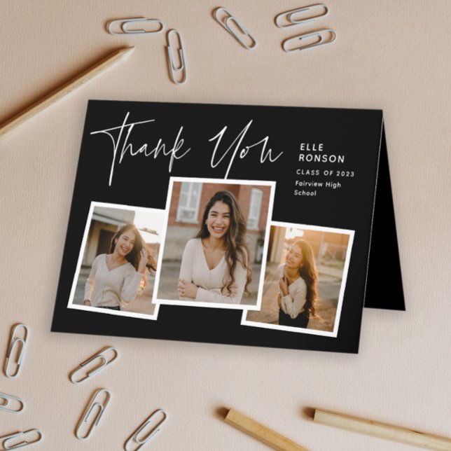 Modern Script Graduate Photo Collage Graduation Thank You Card (Modern script 3 photo collage graduation folded thank you card.)