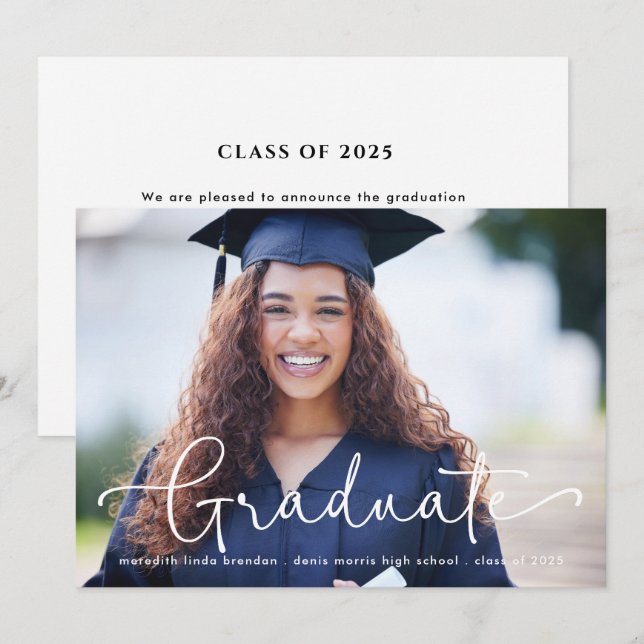 Modern Script Graduate Photo Graduation Announcement (Front/Back)