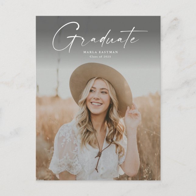 Modern Script Graduate Photo Graduation Invitation Postcard (Front)