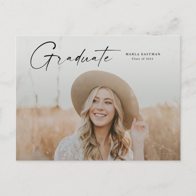 Modern Script Graduate Photo Graduation Invitation Postcard (Front)