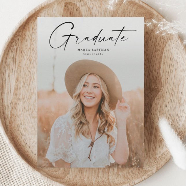 Modern Script Graduate Photo Graduation Invitation Postcard (Creator Uploaded)