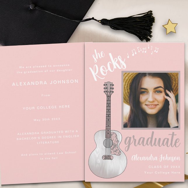 Modern Script Graduate Photo Pink Country Guitar Invitation (Modern pink rustic country music guitar gray script graduate photo graduation announcement card)
