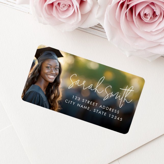 Modern script graduate photo return address label (Modern script graduate photo return address label)