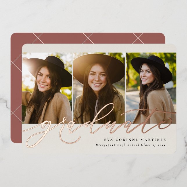 Modern script graduate rose 3 photo graduation (Front/Back)