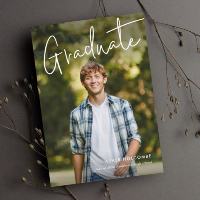Modern Script Graduate Simple Photo Graduation Announcement (Modern Graduate Script Photo Graduation Announcements.)
