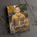 Modern Script Graduate Simple Photo Graduation Announcement<br><div class="desc">A Modern Script Graduate Simple Photo Graduation Announcement card with handwritten font full bleed portrait photo on the front with name and graduation details. The back has a second photo with additional details. Click the edit button to customise this design.</div>