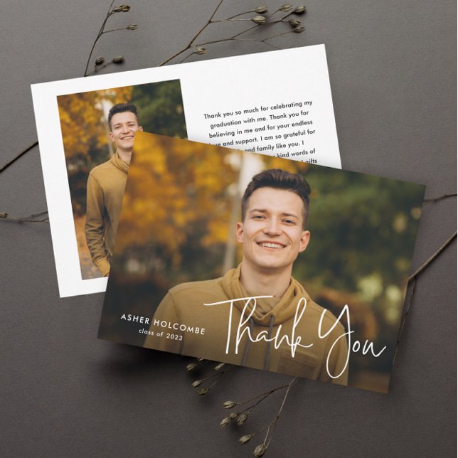 Modern Script Graduate Simple Photo Graduation Thank You Card (Simple Graduation Photo Thank You Card with Modern Script Typography Overlay.)