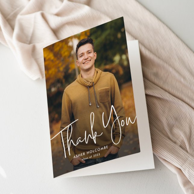 Modern Script Graduate Simple Photo Graduation Thank You Card (Modern Handwritten Script Photo Graduation Folded Thank You Card.)